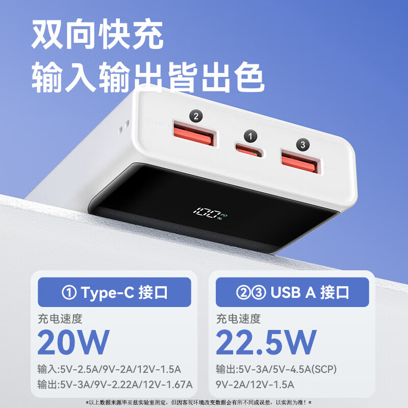 毕亚兹 3C认证充电宝20000毫安22.5W快充 可上飞机苹果20W快充移动电源 适用华为苹果16小米手机 YD63