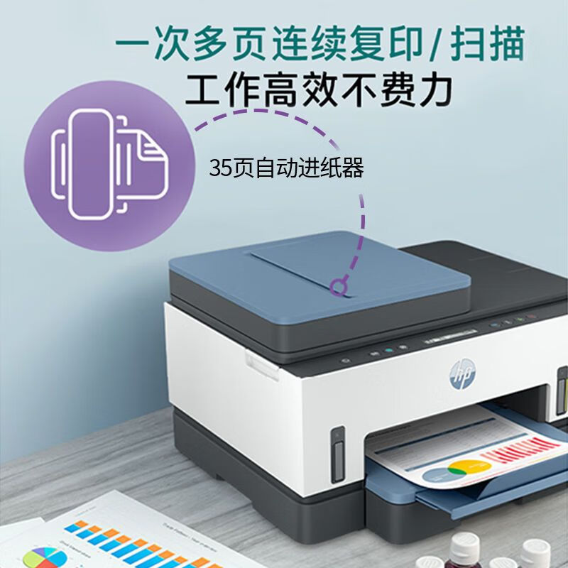 惠普打印机彩色喷墨复印机一体机连供无线 Tank755三合一/双面打印/有线/无线/输稿器