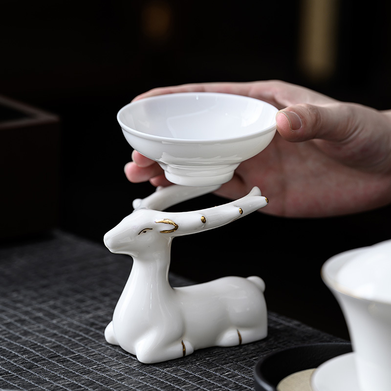 FJ-DH茶具套装礼品描金白瓷茶具套装--麋鹿茶漏（礼盒装）