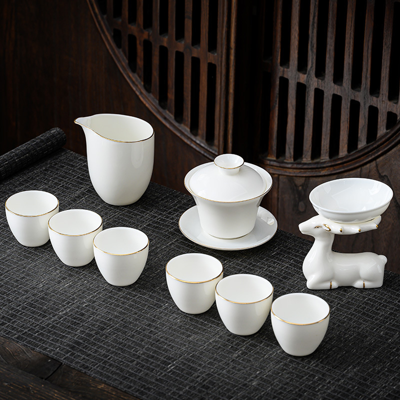FJ-DH茶具套装礼品描金白瓷茶具套装--麋鹿茶漏（礼盒装）