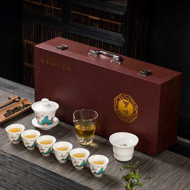 QZ-XH茶具套装金福盖碗+4杯+匠心手提盒