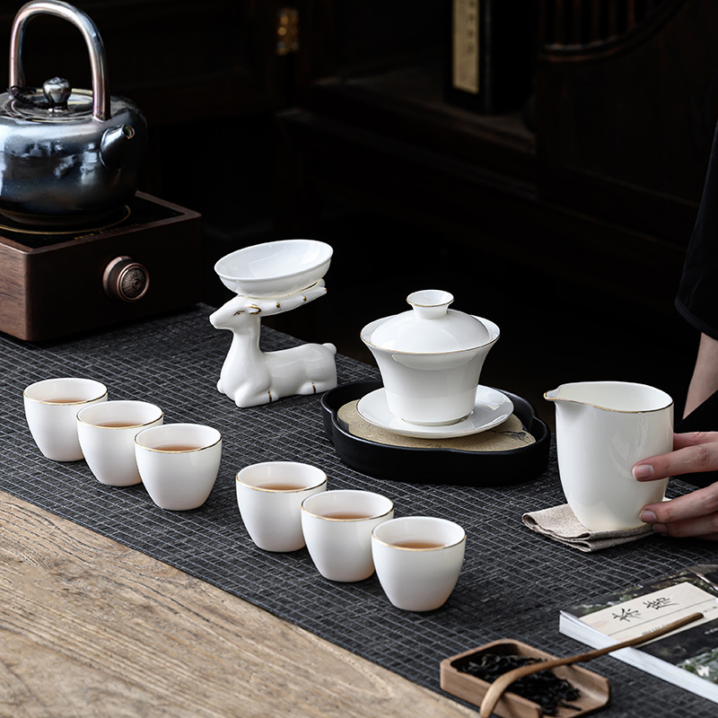 FJ-DH茶具套装礼品描金白瓷茶具套装--麋鹿茶漏（礼盒装）