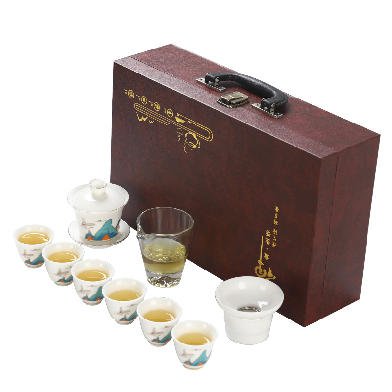 QZ-XH茶具套装金福盖碗+4杯+匠心手提盒