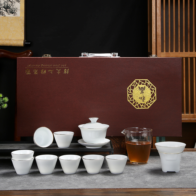 FJ-DH茶具套装礼品描金白瓷茶具套装--圆雅茶漏（礼盒装）