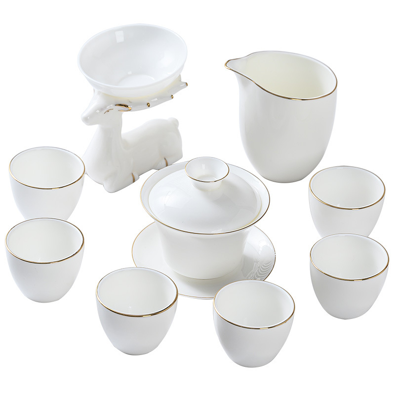 FJ-DH茶具套装礼品描金白瓷茶具套装--麋鹿茶漏（礼盒装）