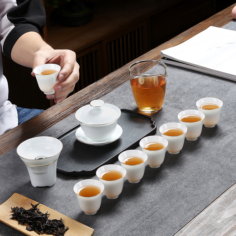 FJ-DH茶具套装礼品描金白瓷茶具套装--圆雅茶漏（礼盒装）