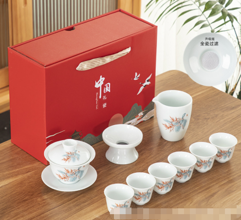 FJ-DHXT茶具套装影青盖碗10头-蓝环保盒