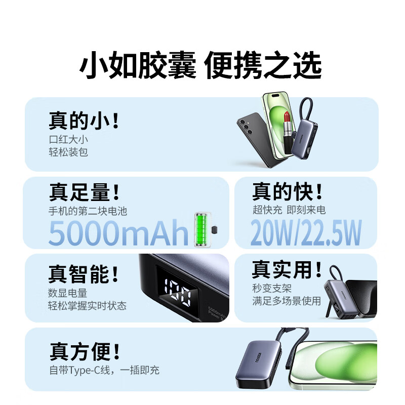 绿联【3C认证可上飞机】胶囊充电宝自带线5000毫安22.5W快充直插小巧便携移动电源适用苹果16/小米华为
