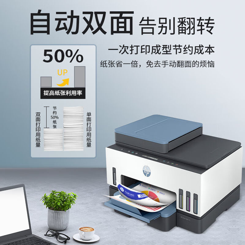 惠普打印机彩色喷墨复印机一体机连供无线 Tank755三合一/双面打印/有线/无线/输稿器