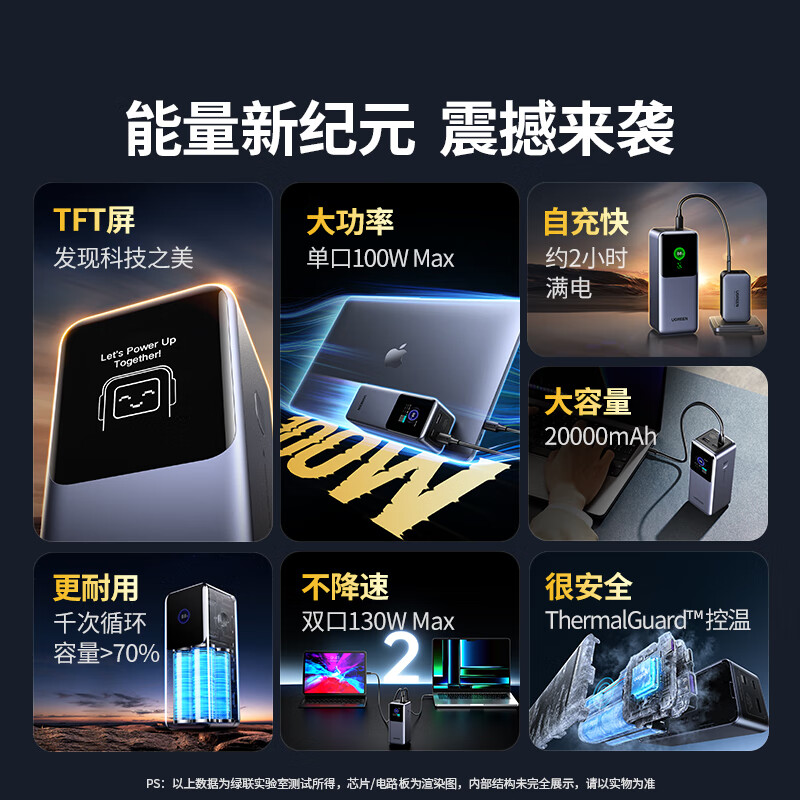 绿联能量湃Pro笔记本充电宝25000毫安130W/PD100W快充 可上飞机大容量功率移动电源适用小米苹果 深空灰