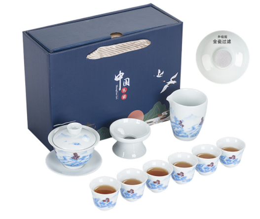 FJ-DHXT茶具套装影青盖碗10头-蓝环保盒